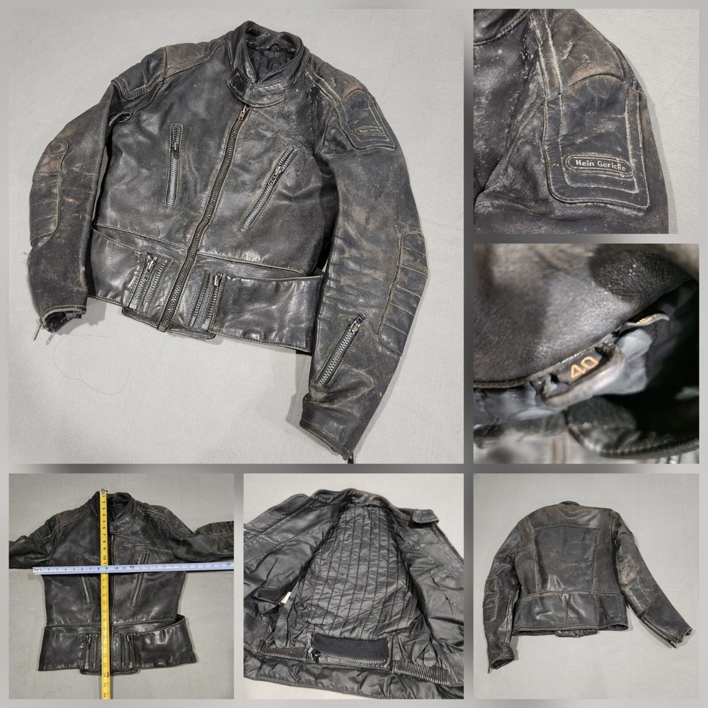 VTG Hein Gericke Mens 40 Black Genuine Leather Padded Motorcycle Jacket‎ READ